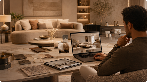 Living Concepts premium interior workspace with laptop